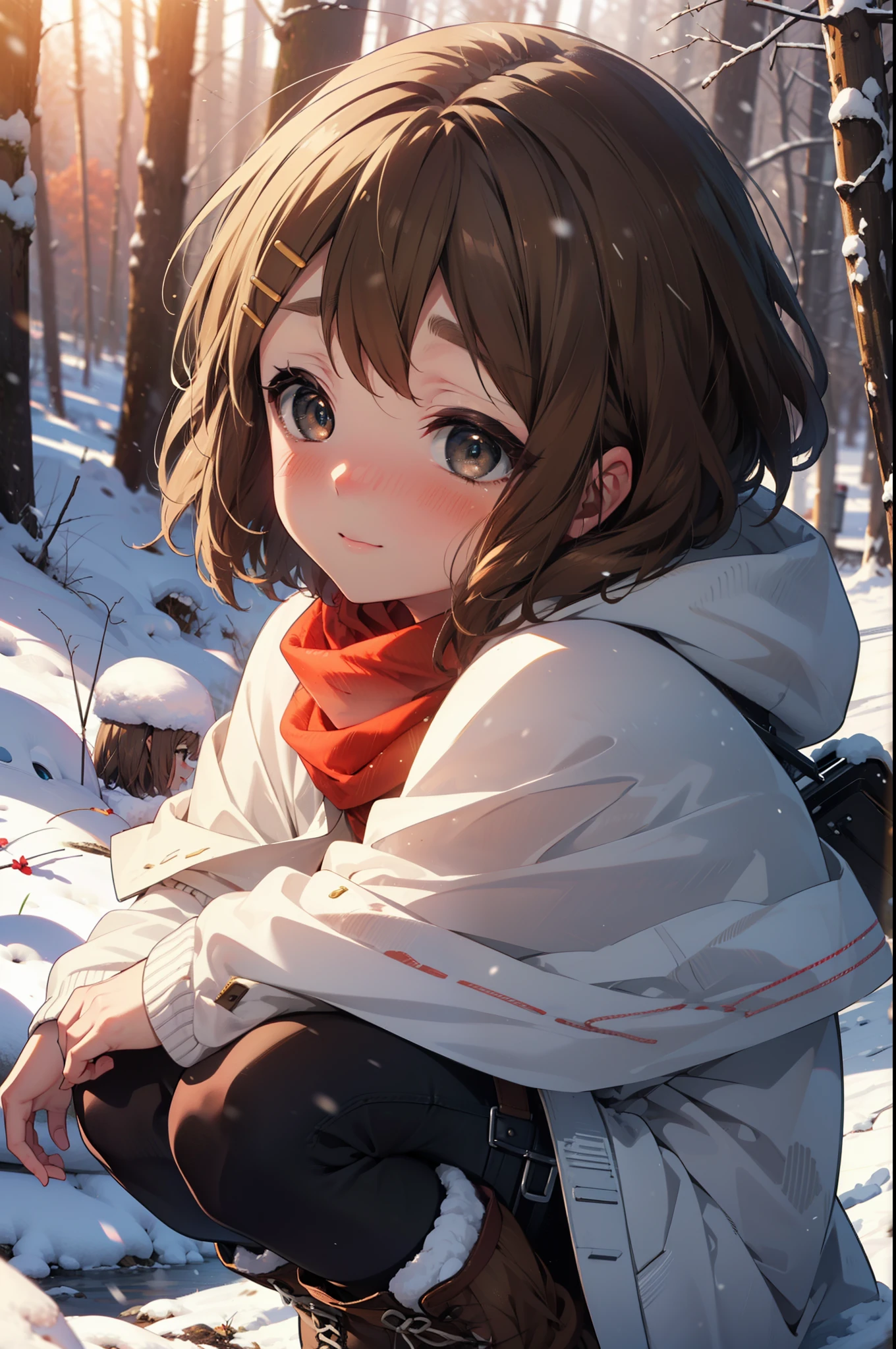 yuihirasawa, Yui Hirasawa, short hair, Brown Hair, hair ornaments, (Brown eyes:1.5), Hair Clip、smile,smile,blush,White Breath,
Open your mouth,snow,Ground bonfire,, Outdoor, boots, snowing, From the side, wood, suitcase, Cape, Blurred, , forest, White handbag, nature, Squat, Mouth closed, Cape, winter, Written boundary depth, Black shoes, red Cape break looking at viewer, Upper Body, whole body, break Outdoor, forest, nature, break (masterpiece:1.2), Highest quality, High resolution, unity 8k wallpaper, (shape:0.8), (Beautiful and beautiful eyes:1.6), Highly detailed face, Perfect lighting, Highly detailed CG, (Perfect hands, Perfect Anatomy),