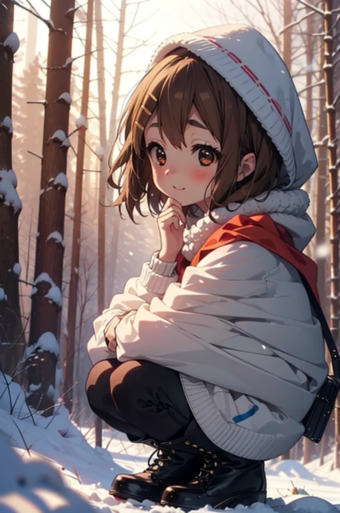 yuihirasawa, Yui Hirasawa, short hair, Brown Hair, hair ornaments, (Brown eyes:1.5), Hair Clip、smile,smile,blush,White Breath,
Open your mouth,snow,Ground bonfire,, Outdoor, boots, snowing, From the side, wood, suitcase, Cape, Blurred, , forest, White handbag, nature,  Squat, Mouth closed, Cape, winter, Written boundary depth, Black shoes, red Cape break looking at viewer, Upper Body, whole body, break Outdoor, forest, nature, break (masterpiece:1.2), Highest quality, High resolution, unity 8k wallpaper, (shape:0.8), (Beautiful and beautiful eyes:1.6), Highly detailed face, Perfect lighting, Highly detailed CG, (Perfect hands, Perfect Anatomy),