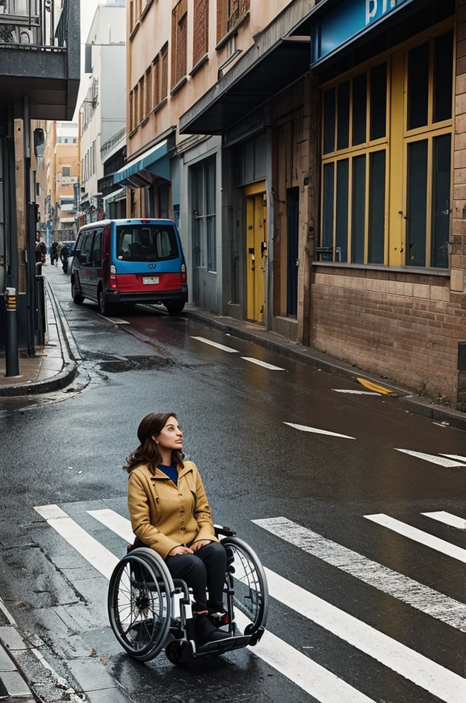 Create an illustration where a woman with a wheelchair disability cannot navigate either the platform or the street due to the obstacles and bad roads.