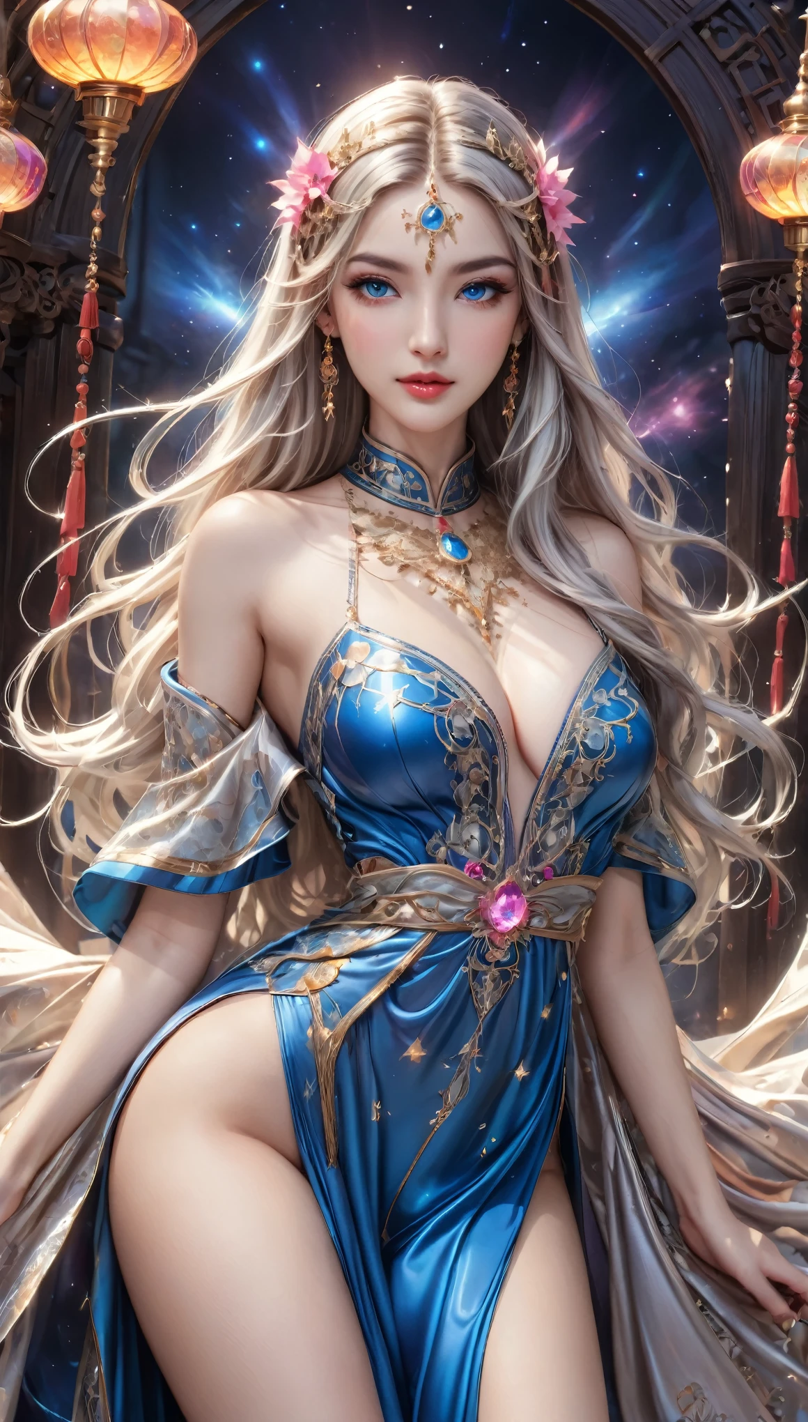 8K resolution, masterpiece, Highest quality, Award-winning works, unrealistic, One Thousand and One Nights, From above, erotic, sole sexy lady, healthy shaped body, Anatomically accurate skeleton, 22 years old, sexy dancer, 170cm tall, huge firm bouncing busts,, white silver long wavy hair, Detailed facial depictions, Break, Mysterious blue eyes, Standard nose, Eyeliner, pink lips, sexy long legs, Transparent and shiny skin, Arabian Dancer, Gothic ruffle sexy long silk dress, A dress with a complex structure, Seven-colored colorful dress, Clothed in flames, royal coat of arms, elegant, Very detailed, Delicate depiction of hair, miniature painting, Digital Painting, artステーション, コンセプトart, Smooth, Sharp focus, shape, artジャム、Greg Rutkowski、Alphonse Mucha、William Adolphe Bouguereau、art：Stephanie Law , Royal Jewel, nature, Symmetric, Greg Rutkowski, Charlie Bowwater, Unreal, Surreal, Dynamic Lighting, ファンタジーart, Complex colors, Buddhist Mandala, Colorful magic circle, flash, dynamic sexy poses, A kind smile, Mysterious Background, Aura, A gentle gaze, BREAK, Small faint lights and flying fireflies, night, lanthanum, royal palace, Starry Sky, milky way, nebula, shooting star, Flowers, birds, wind and moon, (Intense dances, Back view, Looking back towards the camera:1.6), chant healing magic, A pillar of light stretching to the sky, Laser beam, Climb the stairs to heaven