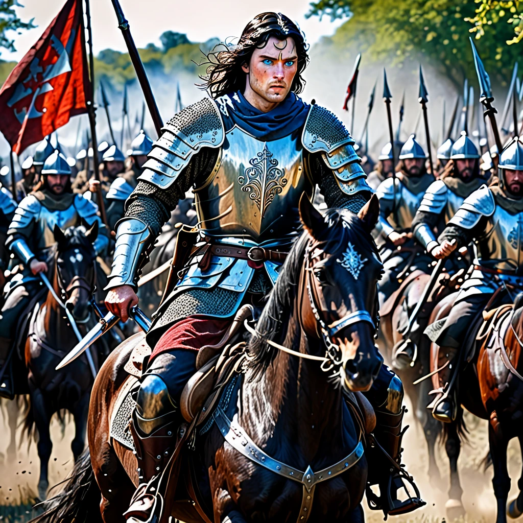 A medieval blue eyed dark haired warrior, on horseback, leading the march of his army into the midst of a violent battle, blood and gore. detailed