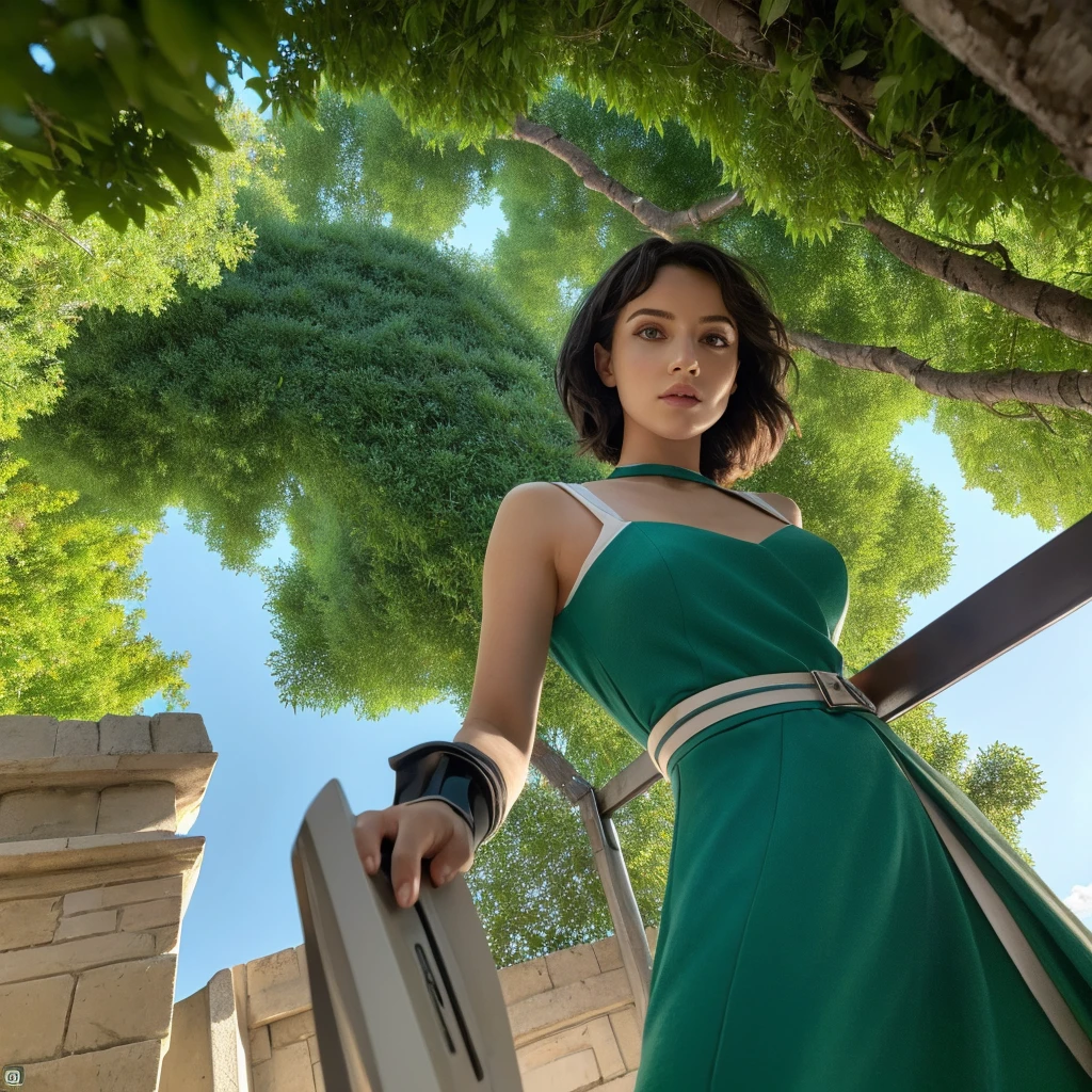 Une image HD d'une femme de style animé. Elle a de longs cheveux colorés et des yeux grands et expressifs typiques des personnages d'animé. Elle porte une tenue moderne mais stylisée, avec des détails soignés et des couleurs vives. The environment is a realistic mix with Minecraft elements, like blocky trees, des montagnes cubiques, et des structures en blocs, creating an interesting contrast between the animated character and the surrounding world. Natural light highlights the details of her face and outfit, creating an immersive and captivating atmosphere. La photo est en haute résolution, photorealistic, avec une profondeur de champ parfaite, cinematic light, and exquisite details. 8K, masterpiece, HD, photorealism, contraste parfait, High sharpness.