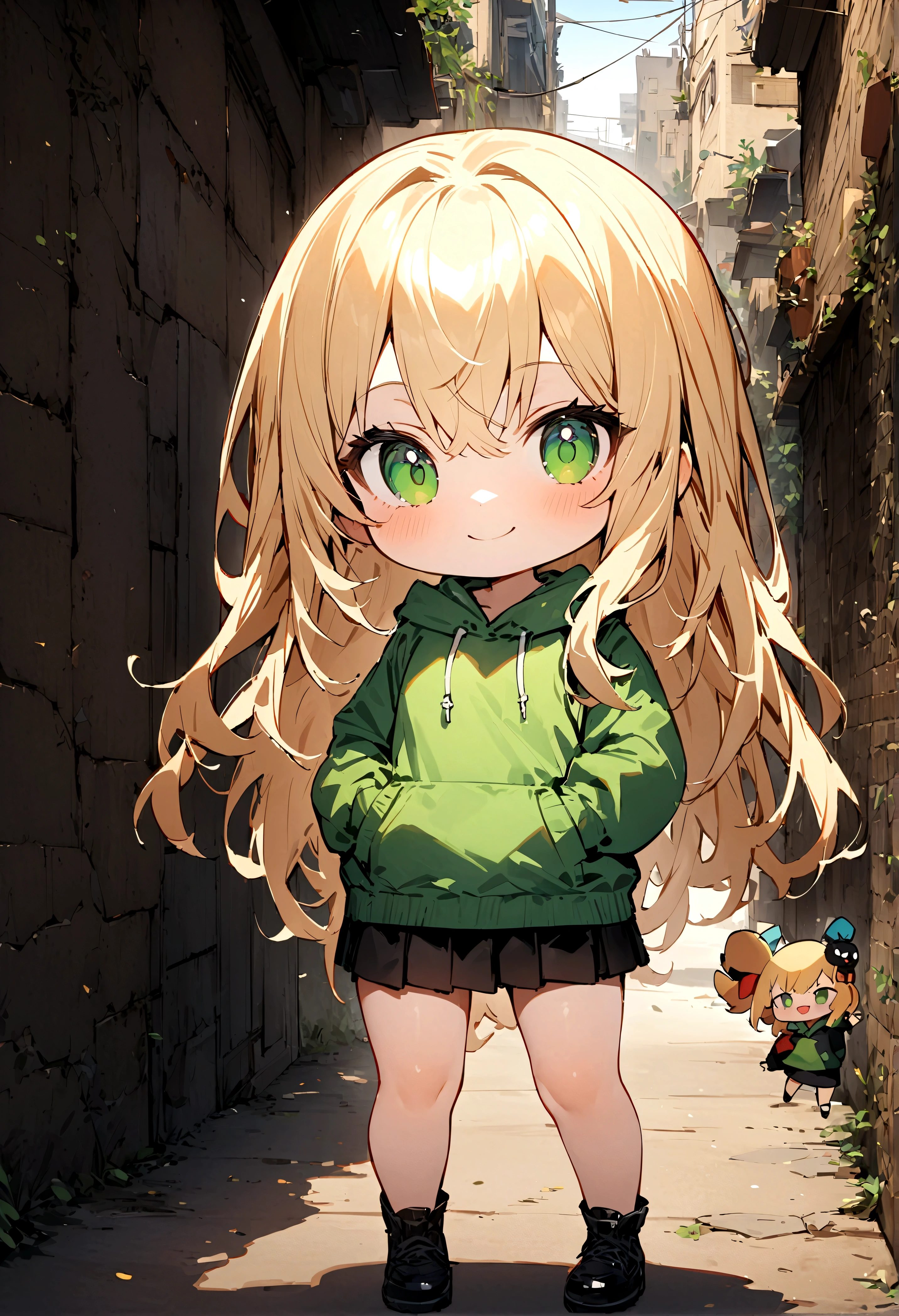1 girl in、Blonde long hair、Green eyes、Green hoodie、hands in the pocket、Grinning smile、Transcendent Beautiful Girl、a black skirt、Back alley background、Chibi、Chibi Chara、(High resolution of the highest quality)、((Masterpiece Highest Quality:1.2)), [[bad face]], [[Fused fingers]], [[multiple limbs]]