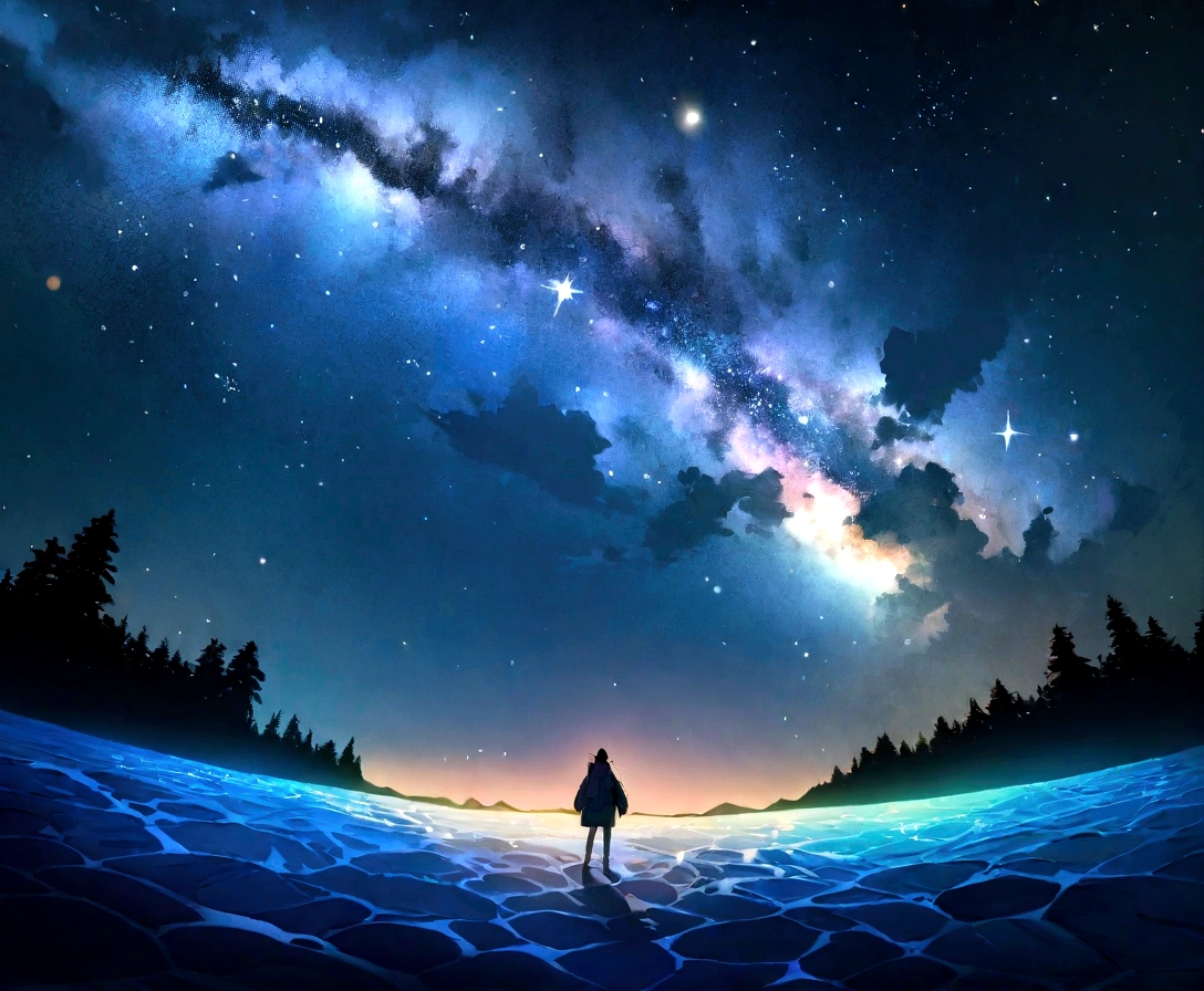 Master Parts、Superior Quality、Excellent image quality、8K quality、Beautiful starry sky photos、grow、Arched Milky Way:1.9、Himalayas、Sparkling blue lake:1.9