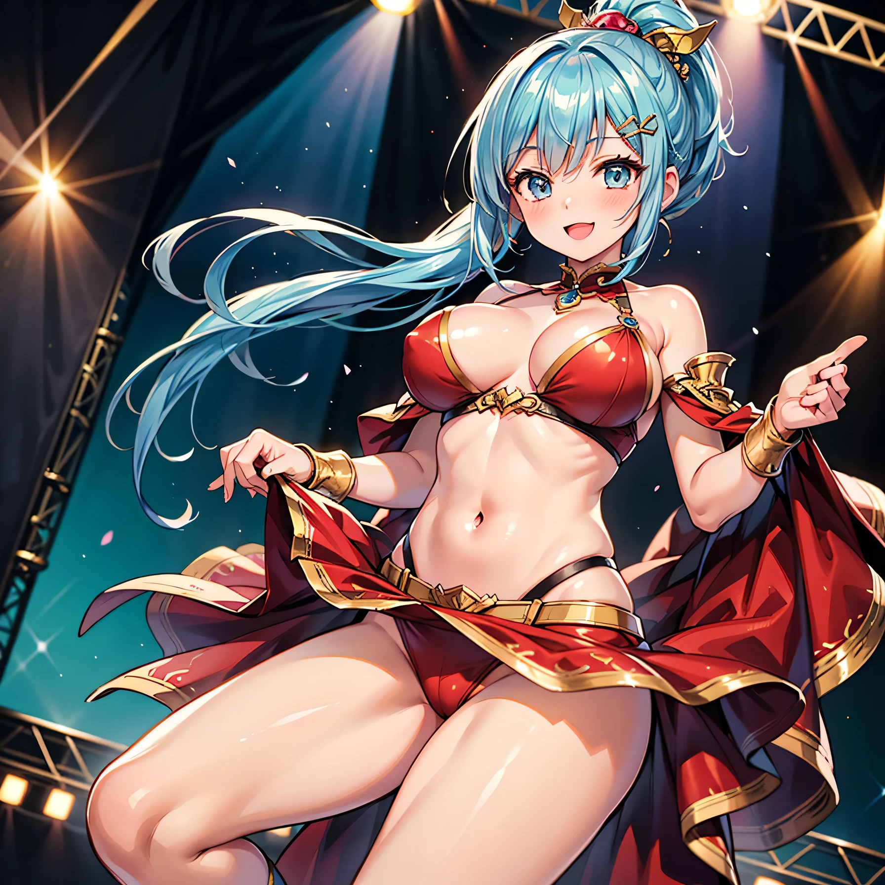 Anime Moe Art Style,Highest quality,High resolution,Anatomically correct,One Girl,Mid-teens,Girl with light blue hair in a ponytail,Very detailed,Fantasy World,Big Breasts,Shiny skin,Beautiful Skin,A rich expression,A big smile,Circus,Stage Costumes,Knife throwing tricks,Detailed drawn eyes,hair ornaments,8K