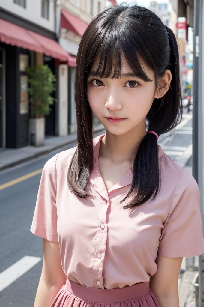 Pink blouse,Black culottes,15 years old,high school girl,Black Hair,bangs,Straight Hair,ponytail,Dark Eyes,Small Face,Clean eyes,Small Mouth,slender,Young face,Lori,Flat chest,Shopping Street,live-action,Realistic photos,8K,Ultra HD,Standing posture,whole body,Pouch,Happy face,