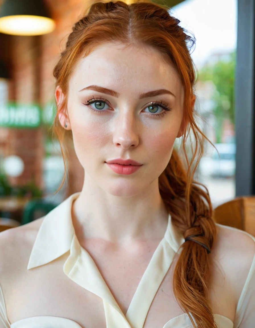 Photography full body portrait of a very beautiful realistic girl,in the cafe, porcelain skin, very light skin, very pale skin, redhead, wavy, pony tail, Detail of skin structure, hazel eyes, Slit eyes, small-nose, small nostril, think of arched eyebrows, thick lower lip, seductive glance, happy face, unique face, Wear a casual dress, detailed photo, foto realista, Masterpiece Image, sharp image, clear daylight outside

