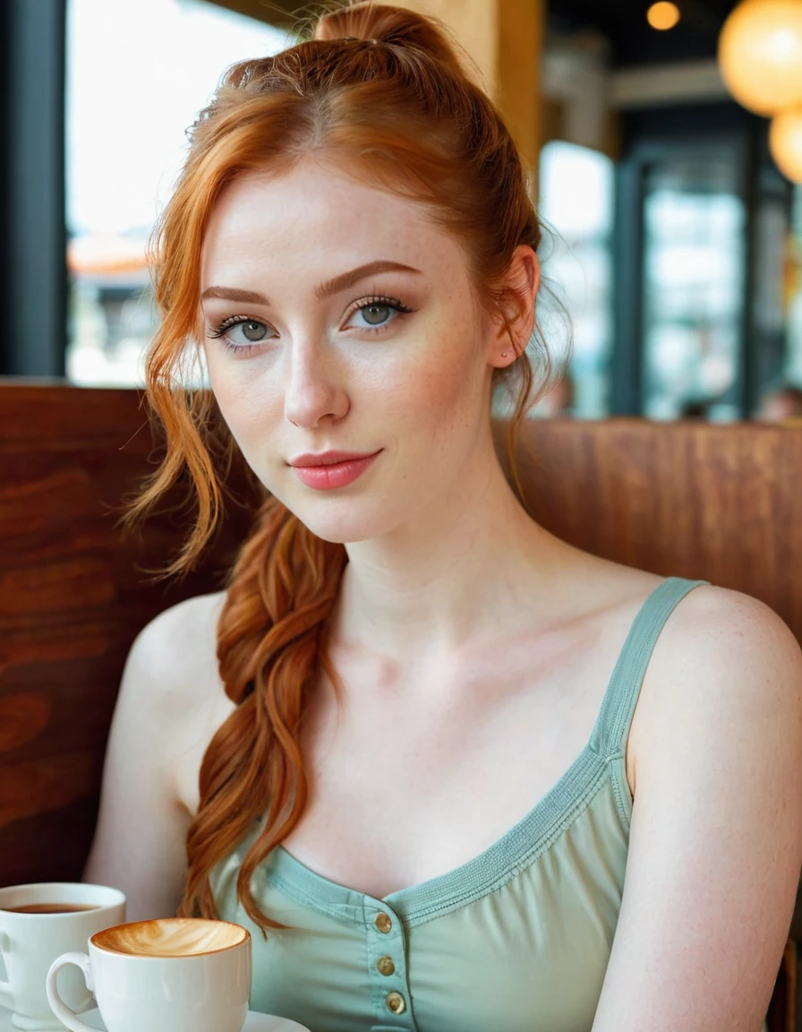 Photography full body portrait of a very beautiful realistic girl,in the cafe, porcelain skin, very light skin, very pale skin, redhead, wavy, pony tail, Detail of skin structure, hazel eyes, Slit eyes, small-nose, small nostril, think of arched eyebrows, thick lower lip, seductive glance, happy face, unique face, Wear a casual dress, detailed photo, foto realista, Masterpiece Image, sharp image, clear daylight outside