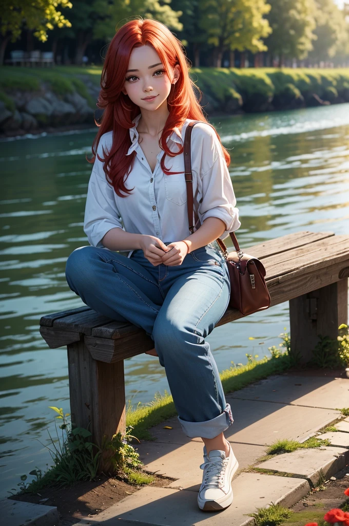 digital art, (girl, red_hair, flowers, baggy jeans, white shirt, discreet smile, cute look), (sitting on a bench, river in the background, golden hour),, by Daniil Suponitskiy jpegman