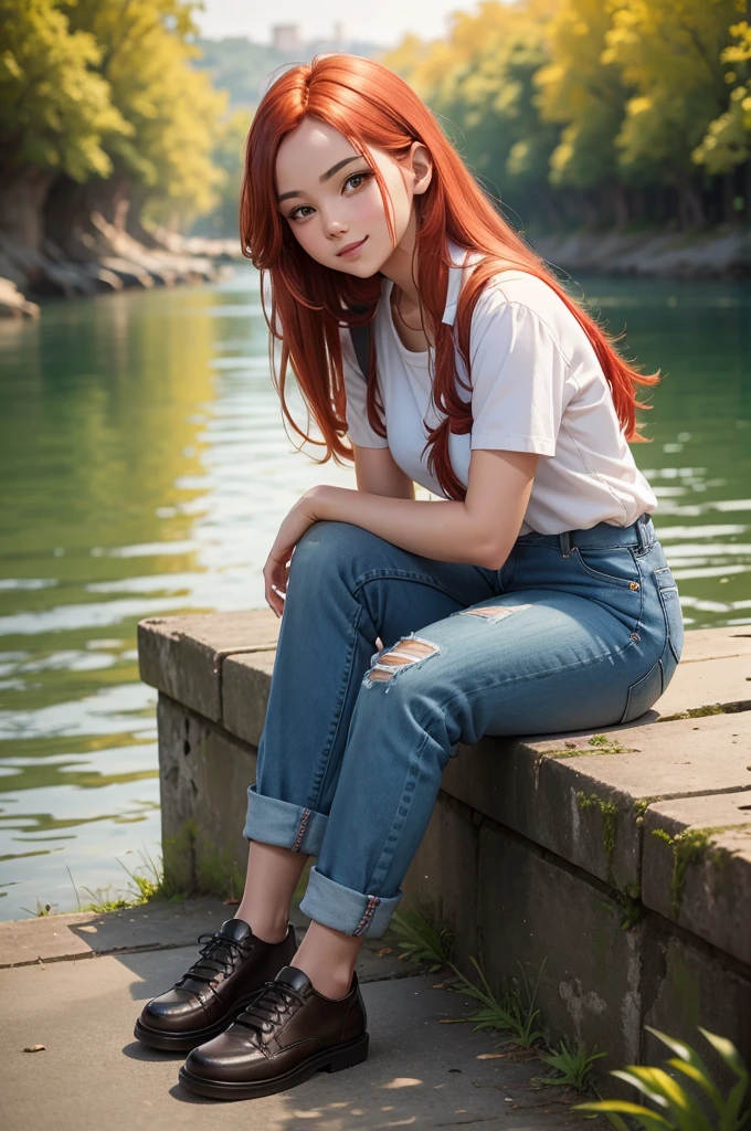 digital art, (girl, red_hair, flowers, baggy jeans, white shirt, discreet smile, cute look), (sitting on a bench, river in the background, golden hour),, by Daniil Suponitskiy jpegman