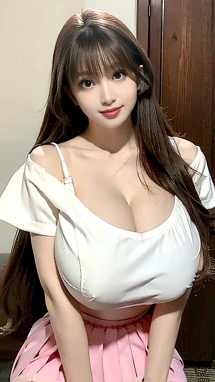 Super huge breasts, ditail lips, pink lips, long hair, cleavage of breasts, beautiful asian girl, gal, shining skin, brown hair, dark skin, tanned skin, brown skin, gigantic breasts, JK , hi-school girl, school student uniform, chest bulge, 1 girl, heavy makeup, glowy skin, smile, (big breasts:1.5), lipstick, thick lips, white shirt