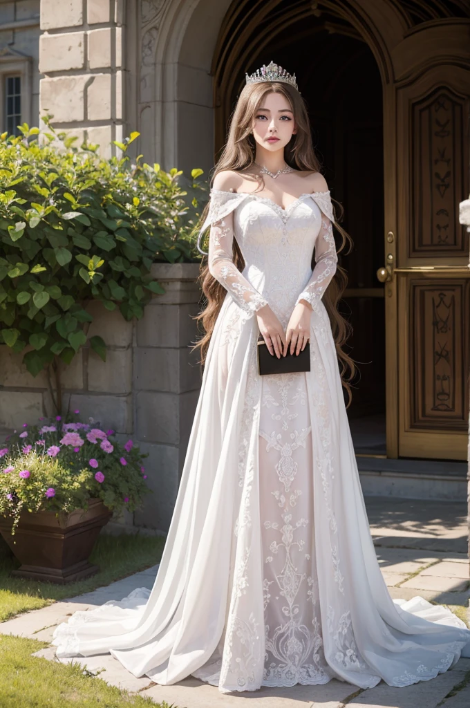 masterpiece, highres, high detailed, intricate details, depth of field, 1 girl, queen, royal crown, Coronation Gown, queen dress, Evening Gown, outdoor background. The background is a luxurious castle, mildly clouds, best sunlight. There are 2 long flower beds besides the path, queen is standing on the path. Her face is gorgeous, beautiful, confident. She wears a lot of luxury jelweries. She has blue eyes, white long hair. Behind her is the castle.