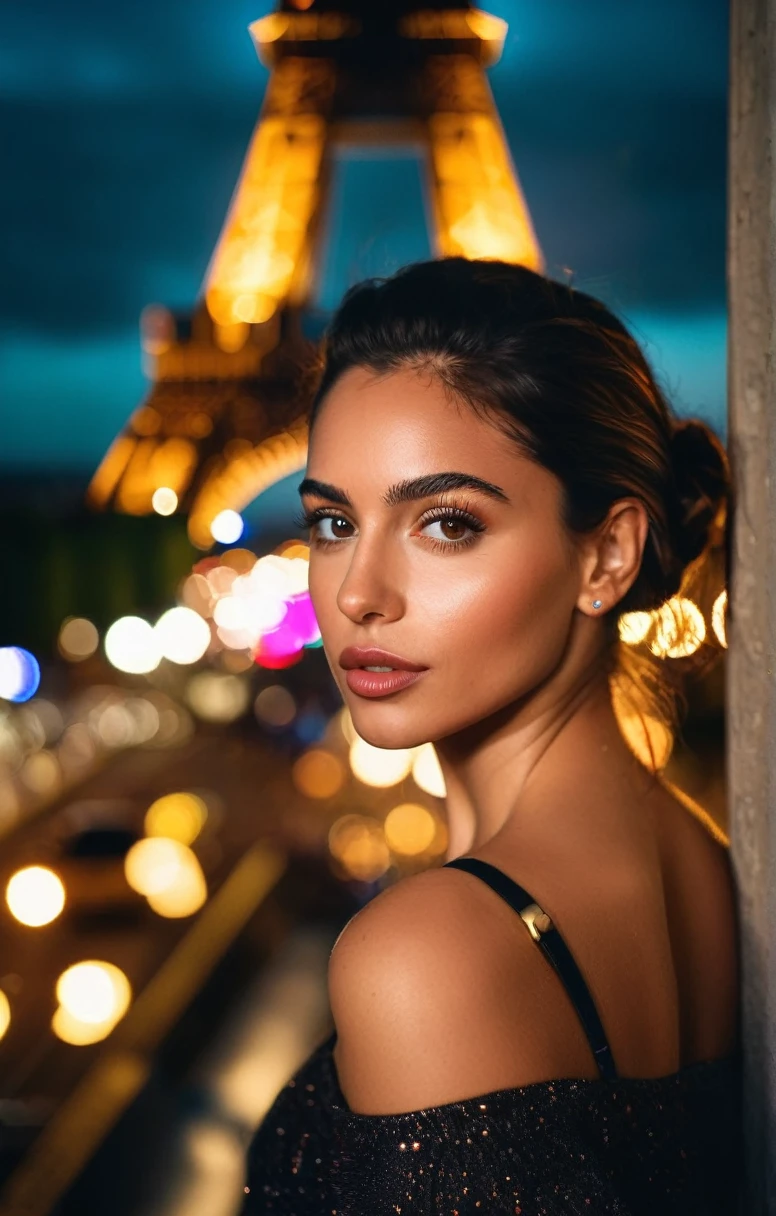 1fille, guapo, paris, Eiffel, nuit, sourcils sexy, jolie latina, 25 ans, facing camera, regarder le spectateur, masterpiece, best quality, high resolution, 8K, sharpness, cinematography, Cinematic lighting, Movie scene, muted colors, Professionnel, depth of field, photorealistic, magnificent, Maximum details, (brut, digital SLR, hdr, la plus haute qualité), smooth, roughness, hyper realistic, grain de film, bokeh, epic, spectacular