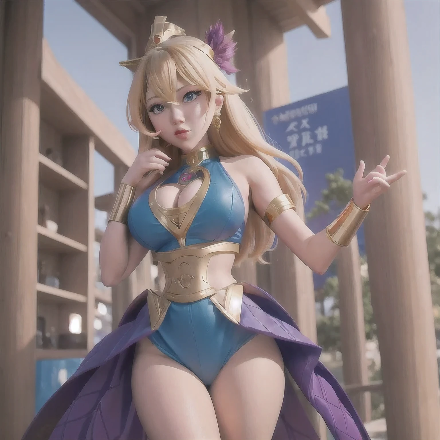 araffed Purple Powder Queen in a blue and gold outfit posing for a picture,Purple Powder Queen oppai, 8k octae render photo, giant stunning goddess shot, anime goddess, granblue fantasy, 8k artgerm bokeh, sfw version, ayaka game genshin impact, ayaka genshin impact, wlop and artgerm(masterpiece, best quality:1.2), 1girl, solo，Modern woman in blue and gold outfit posing for camera, The Opai of Biomechanics, 8k Octave Rendering Photo, giant stunning goddess shot, Anime Goddess, granblue fantasy, 8k Artistic German Bokeh, SFW version, Ayaka Game Genshin Impact, Ayaka Genshin Impact, wlop and Purple Powder Queen