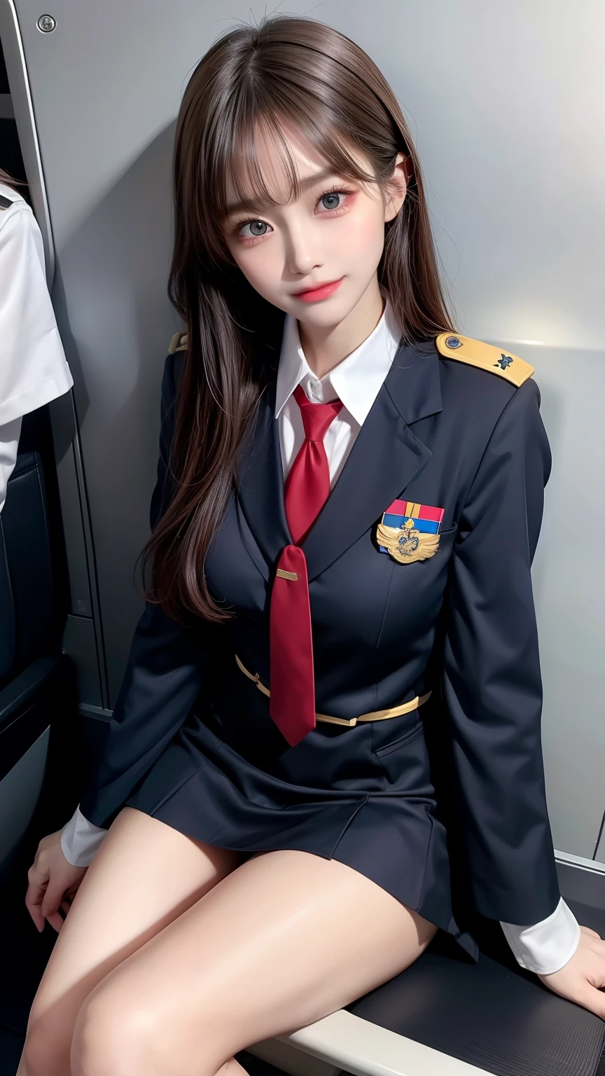 masutepiece, Best Quality, 8K、(Golden Ratio Face、Balanced eyes、very gentle eyelids)、double eyelid、Beautiful nasal muscles、Shy laughter、Lip Gloss 、Very beautiful girl、Beautiful girl solo like a model、View photographer、Image of a woman wearing a uniform with a tie, loose coat color uniform, uniform, full uniform, pilot outfit, officer uniform, mini skirt, girl wearing school uniform、flight attendant suit,Stewardess uniform,Stewardess uniform、(Look at viewers,Inside the plane:1.2)、(Showing fair thighs), (Sitting on the seat with legs crossed), foucs on legs,