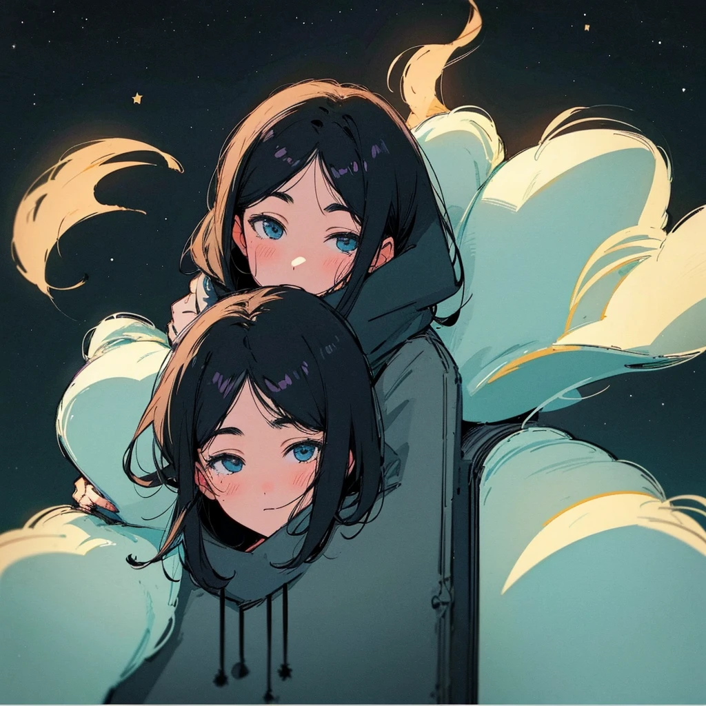 Close-up of a 19-year-old black-haired man、Being Calm、gentle light、black background、Coffee、head shot、Lo-Fi Illustration、a relaxing sight、starry sky、Countless stars、night view、Scarf、hoodie