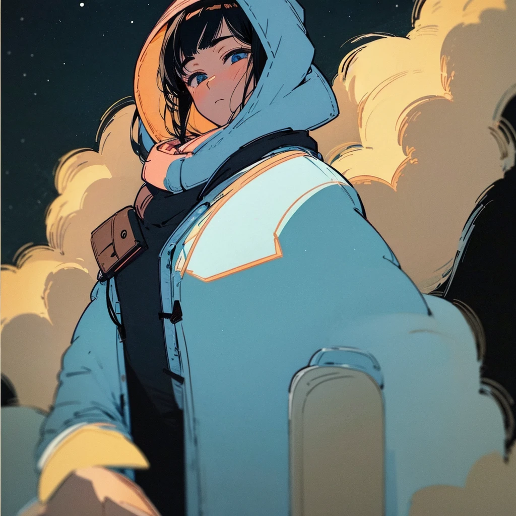 Close-up of a 19-year-old black-haired man、Being Calm、gentle light、black background、Coffee、head shot、Lo-Fi Illustration、a relaxing sight、starry sky、Countless stars、night view、Scarf、hoodie