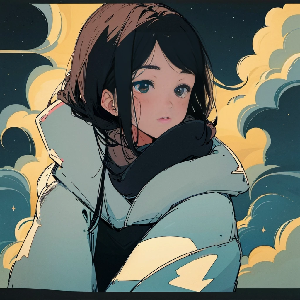 Close-up of a 19-year-old black-haired man、Being Calm、gentle light、black background、Coffee、head shot、Lo-Fi Illustration、a relaxing sight、starry sky、Countless stars、night view、Scarf、hoodie