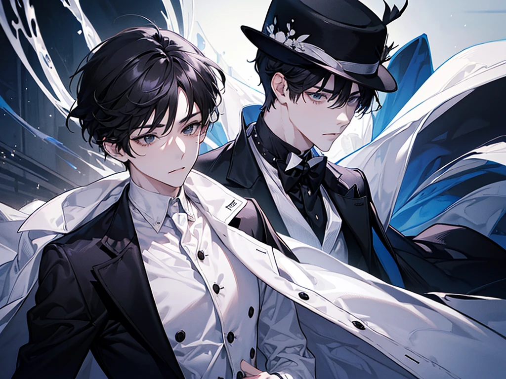 A boy,With a white hat, black hair, with a white coat and black t-shirt, white tie, time lord, masterpiece, handsome boy, cool baground