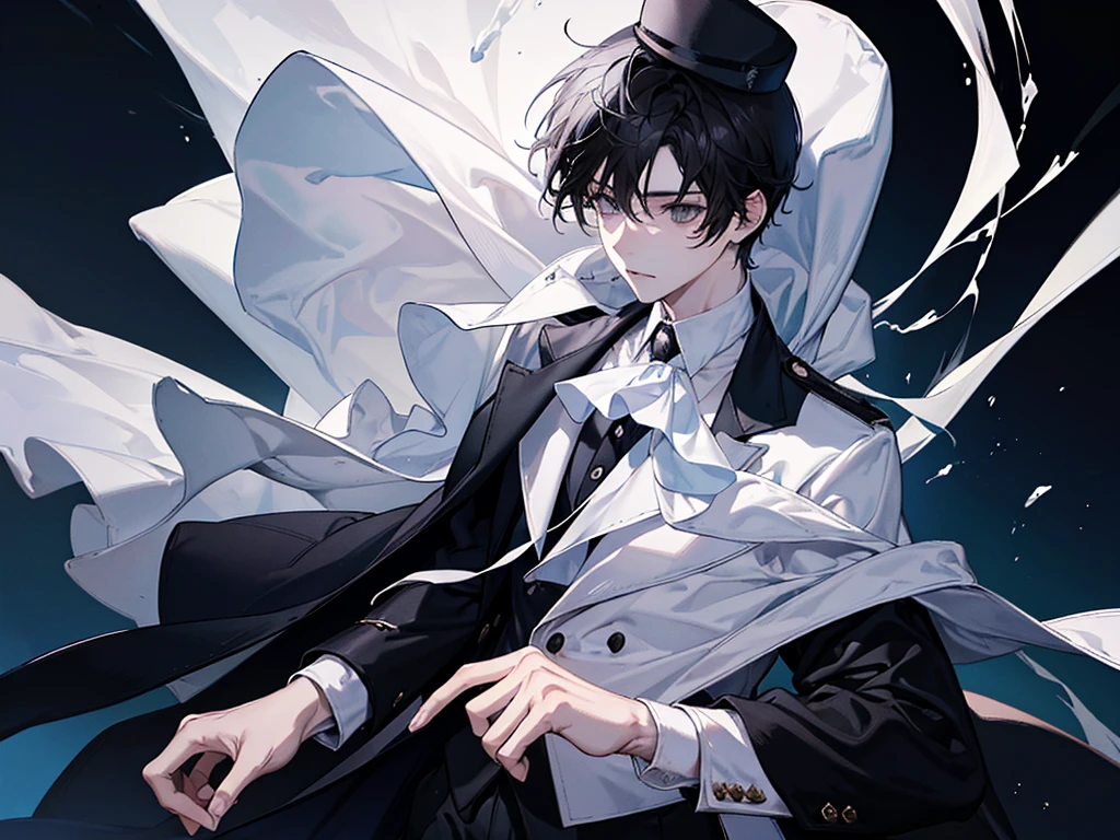 A boy,With a white hat, black hair, with a white coat and black t-shirt, white tie, time lord, masterpiece, handsome boy, cool baground