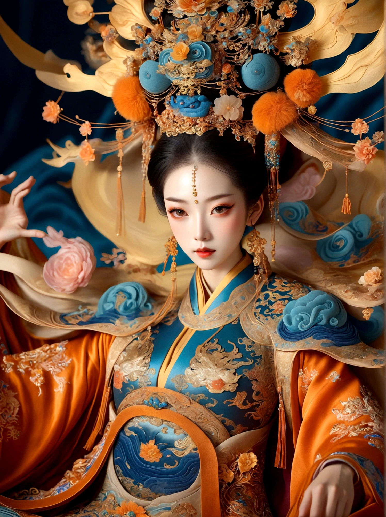 (Chinese Tang Dynasty Empress:1.3),A royal figure in a lavish robe, adorned with a large crown, is seated on a throne, The setting is otherworldly and surreal, located in the vast expanse of space, The figure is perched on a miniature planet that's enveloped entirely by the rich fabric of the robe, reflecting an element of royal extravagance