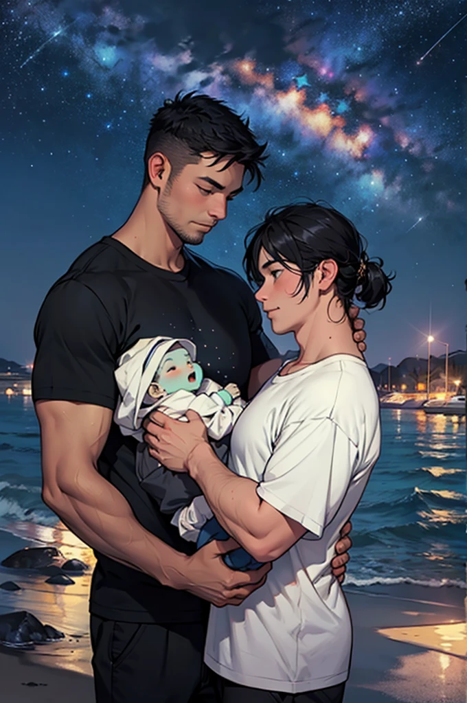 a chubby father holding his  boy at the seaside at night, black hair, black t-shirt, stars, starry night sky, shiny stars,