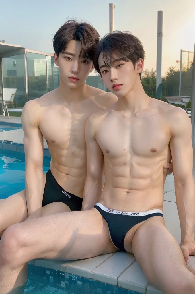 two boys, (natural, high resolution 1.3, Super fine face and eyes., 18 year old, six pack, muscular, strong, korean, topless, wearing jockstrap or thong, soft light, best quality, pool