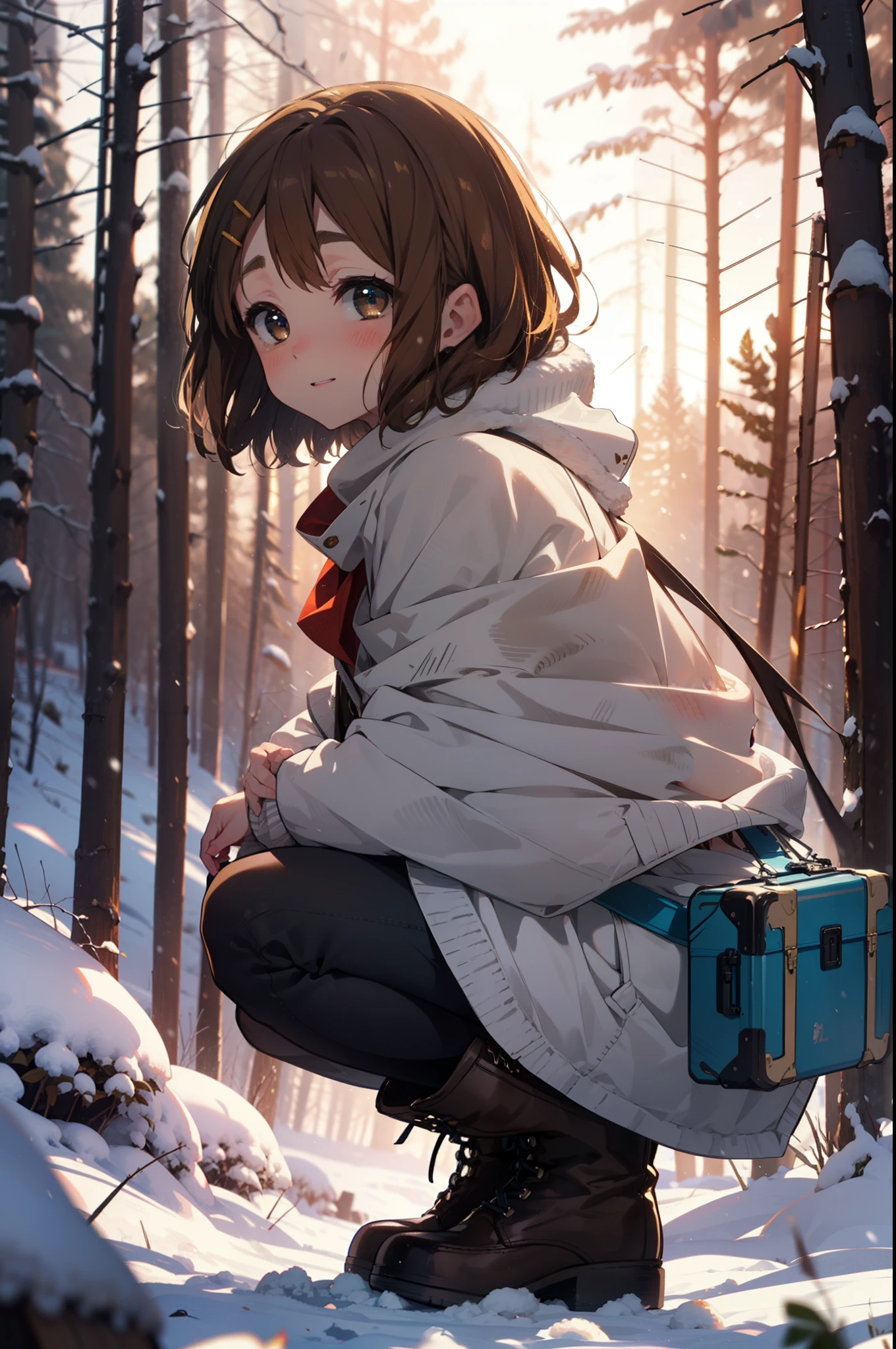 yuihirasawa, Yui Hirasawa, short hair, Brown Hair, hair ornaments, (Brown eyes:1.5), Hair Clip、smile,smile,blush,White Breath,
Open your mouth,snow,Ground bonfire,, Outdoor, boots, snowing, From the side, wood, suitcase, Cape, Blurred, , forest, White handbag, nature, Squat, Mouth closed, Cape, winter, Written boundary depth, Black shoes, red Cape break looking at viewer, Upper Body, whole body, break Outdoor, forest, nature, break (masterpiece:1.2), Highest quality, High resolution, unity 8k wallpaper, (shape:0.8), (Beautiful and beautiful eyes:1.6), Highly detailed face, Perfect lighting, Highly detailed CG, (Perfect hands, Perfect Anatomy),