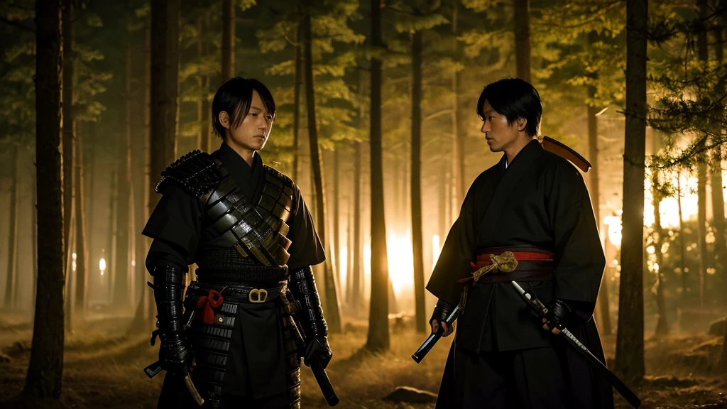 A 40-year-old Japanese male samurai covered in black weapons,Man in samurai costume holding sword in night forest