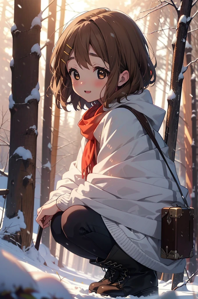 yuihirasawa, Yui Hirasawa, short hair, Brown Hair, hair ornaments, (Brown eyes:1.5), Hair Clip、smile,smile,blush,White Breath,
Open your mouth,snow,Ground bonfire,, Outdoor, boots, snowing, From the side, wood, suitcase, Cape, Blurred, , forest, White handbag, nature,  Squat, Mouth closed, Cape, winter, Written boundary depth, Black shoes, red Cape break looking at viewer, Upper Body, whole body, break Outdoor, forest, nature, break (masterpiece:1.2), Highest quality, High resolution, unity 8k wallpaper, (shape:0.8), (Beautiful and beautiful eyes:1.6), Highly detailed face, Perfect lighting, Highly detailed CG, (Perfect hands, Perfect Anatomy),