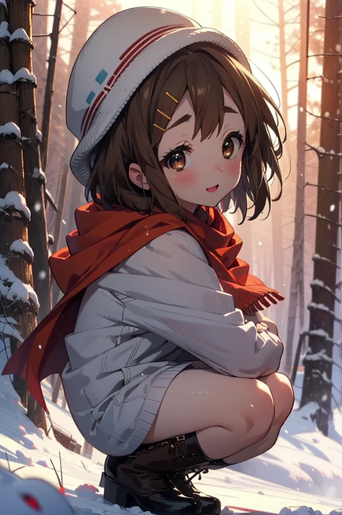 yuihirasawa, Yui Hirasawa, short hair, Brown Hair, hair ornaments, (Brown eyes:1.5), Hair Clip、smile,smile,blush,White Breath,
Open your mouth,snow,Ground bonfire,, Outdoor, boots, snowing, From the side, wood, suitcase, Cape, Blurred, , forest, White handbag, nature,  Squat, Mouth closed, Cape, winter, Written boundary depth, Black shoes, red Cape break looking at viewer, Upper Body, whole body, break Outdoor, forest, nature, break (masterpiece:1.2), Highest quality, High resolution, unity 8k wallpaper, (shape:0.8), (Beautiful and beautiful eyes:1.6), Highly detailed face, Perfect lighting, Highly detailed CG, (Perfect hands, Perfect Anatomy),