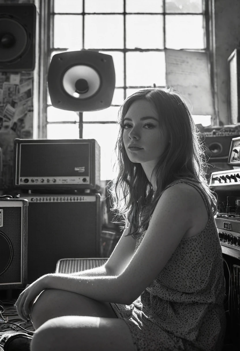 grainy old realistic photo of a Ginger Girl singer sitting in a crowded messy dusty, cozy audio studio with vintage amps, synts, old used speakers, wires, microphones, audio equipment, in 1973, posters on the wall, paper notes on the floor, extreme high quality, volumetric lighting, light rays shining trough the windows, cinematic lighting, backlights, crimson sunset, depth of field, retro, low angle shot, perspective, ambient occlusion, misty, old, warm, intimate, perfect anatomy, symetric face