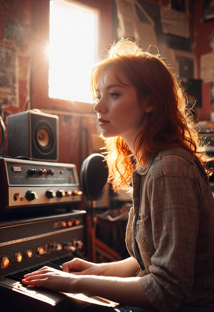 grainy old realistic photo of a Ginger Girl singer sitting in a crowded messy dusty, cozy audio studio with vintage amps, synts, old used speakers, wires, microphones, audio equipment, in 1973, posters on the wall, paper notes on the floor, extreme high quality, volumetric lighting, light rays shining trough the windows, cinematic lighting, backlights, crimson sunset, depth of field, retro, low angle shot, perspective, ambient occlusion, misty, old, warm, intimate, perfect anatomy, symetric face