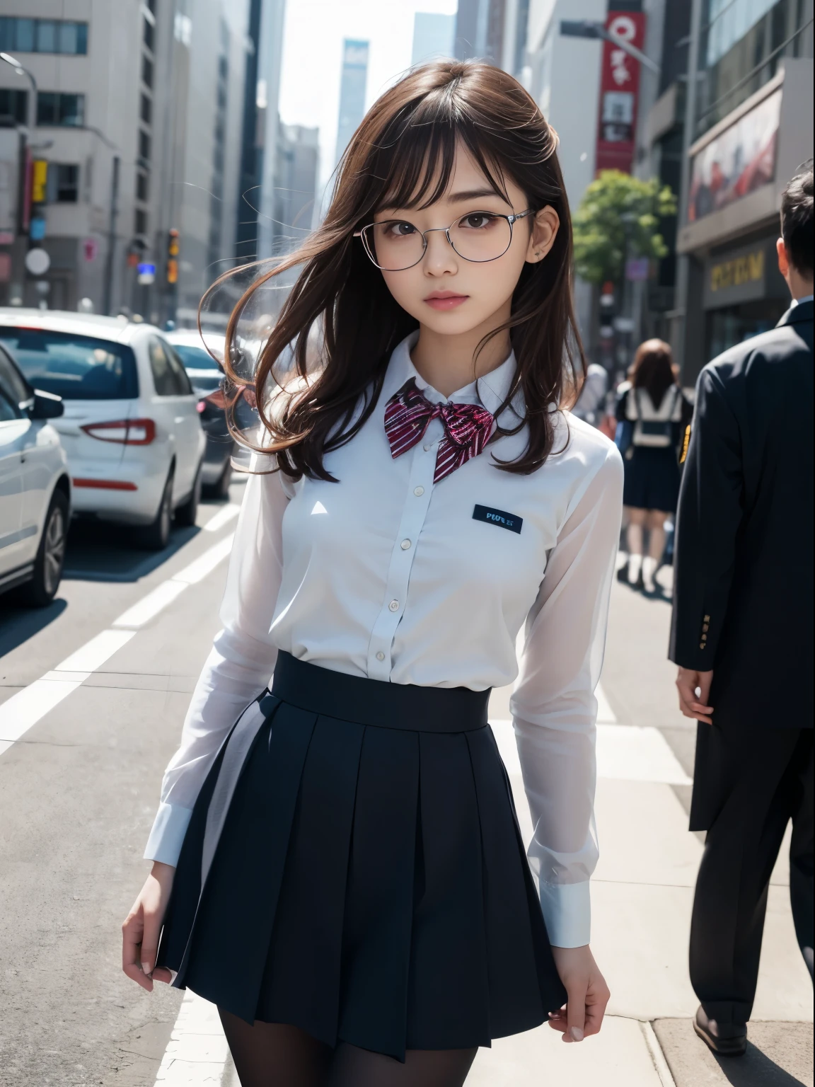 (8K、生photograph、Highest quality、masterpiece:1.2),(Small breasts)、(Small breasts)、(Small breasts)、(Small breasts)、Look straight ahead、pupil,De Pere Blanca,(Black Pantyhose),Small face、Chest is petanko,前hairを真ん中から分ける,The forehead is visible,(business,Glare,strong,Are thin,Irritation)、masterpiece,Highest quality,Ultra-high resolution,生photograph,even,beautiful、One person,One person,Glasses,,Strong face、丸Glasses、cute、JK、high school girl、Japanese women、Are standing、(PhotoReactive:1.37)、Photon Mapping、Light blue ribbon、Real、cute小さな顔、Brown eyes、Black socks、(Red bow tie)、Radio City、Physically Based Rendering、Prospect、Character boundary depth、Blurred Background、photograph、girl、body、Beautiful feet、Long legs、Thin legs、(前hairが見える)、hair、lips、blue_The目、Soft Nose、(Light blue shirt)、Navy and blue white pattern pleated skirt、I can see your knees、See-through clothing、Thighs、black cotton socks、Nogizaka Idol、、Japan Ido