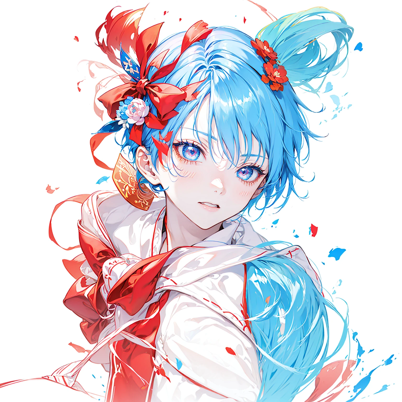 anime boy with blue hair and red eyes and a bow, red and cyan, 2 d anime style, red and cyan ink, colorful sketch, colored sketch, twintails, cute horns, 2 d anime, cutecore clowncore, cyan and orange, in an anime style, sketchy artstyle, anime inspired, inspired by Puru, anime styled