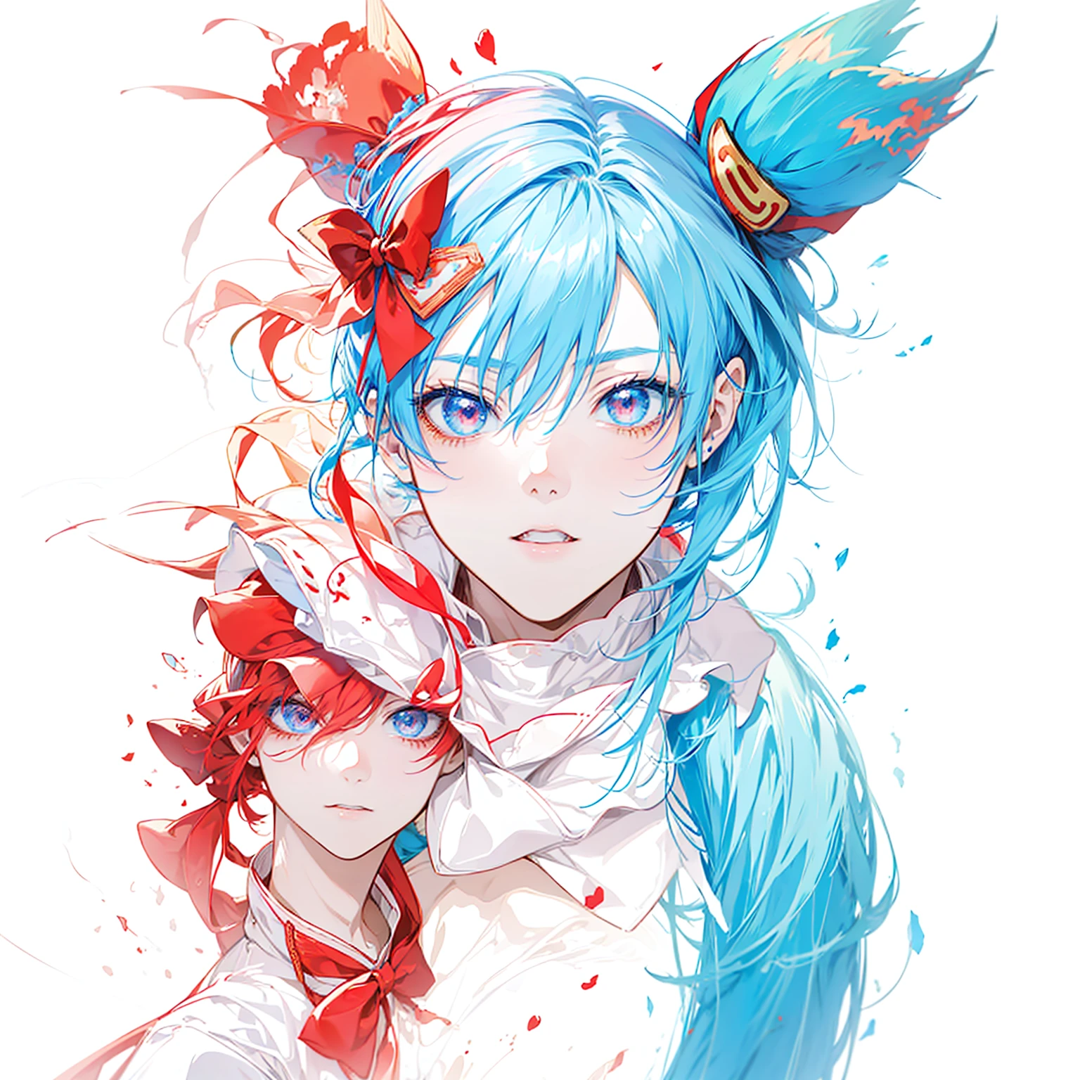 anime boy with blue hair and red eyes and a bow, red and cyan, 2 d anime style, red and cyan ink, colorful sketch, colored sketch, twintails, cute horns, 2 d anime, cutecore clowncore, cyan and orange, in an anime style, sketchy artstyle, anime inspired, inspired by Puru, anime styled