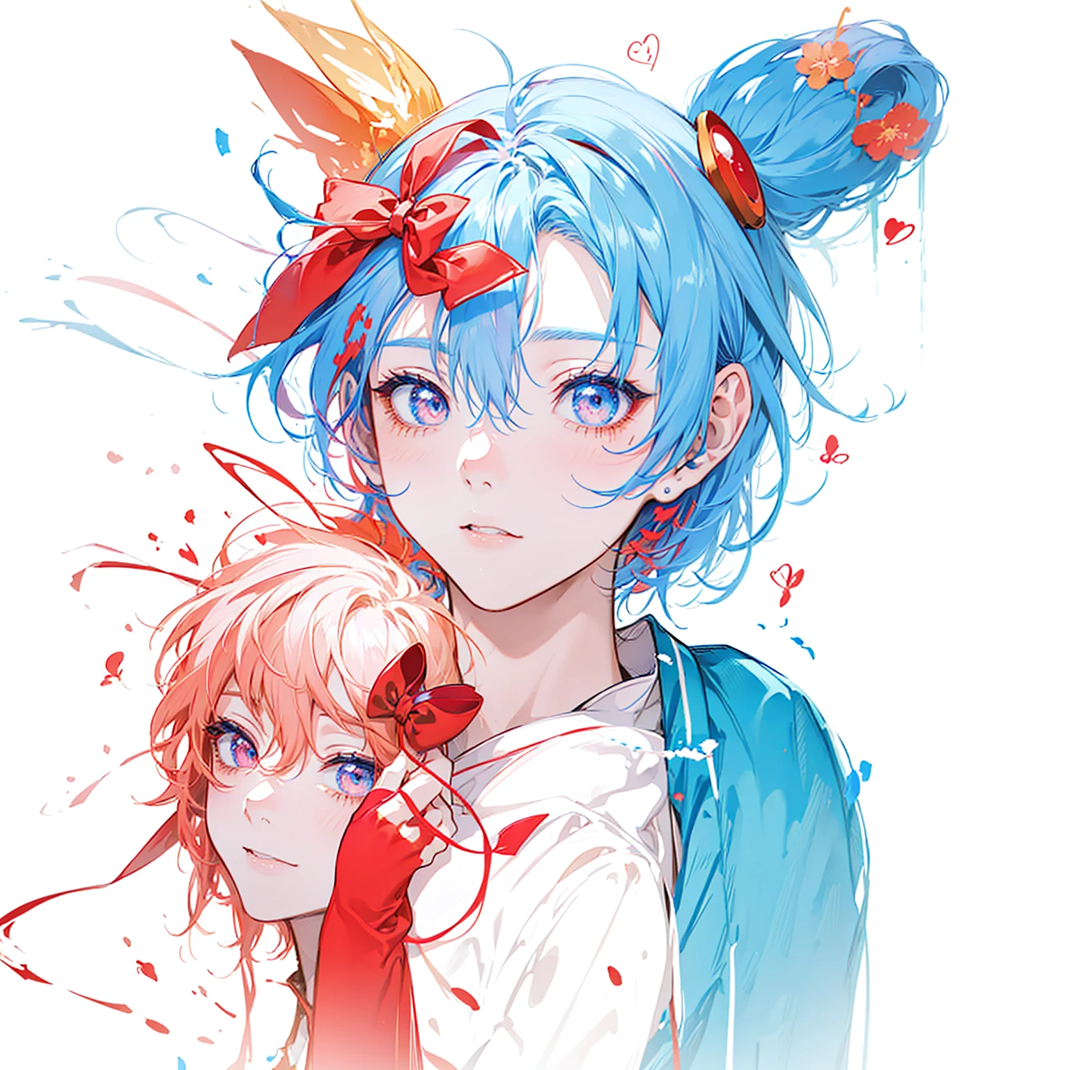 anime boy with blue hair and red eyes and a bow, red and cyan, 2 d anime style, red and cyan ink, colorful sketch, colored sketch, twintails, cute horns, 2 d anime, cutecore clowncore, cyan and orange, in an anime style, sketchy artstyle, anime inspired, inspired by Puru, anime styled