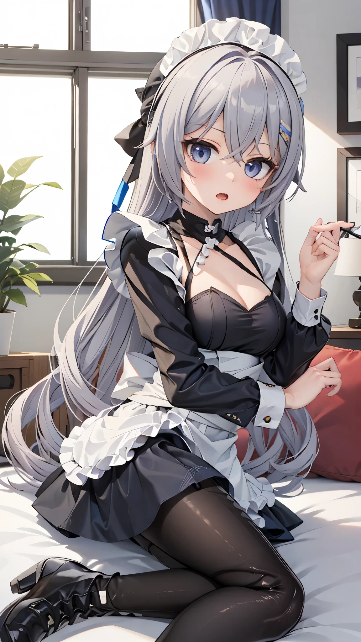 masterpiece, best quality, perfectfeatures, Intricate details, Ray Tracing, illustration,1 Girl, Bronya Zajczyk, Solitary, maid, maid headdress, maid apron, A faint smile, Pantyhose, open mouth, blush, Open your mouth, Looking at the audience, bedroom, indoors, Depth of Field ,  