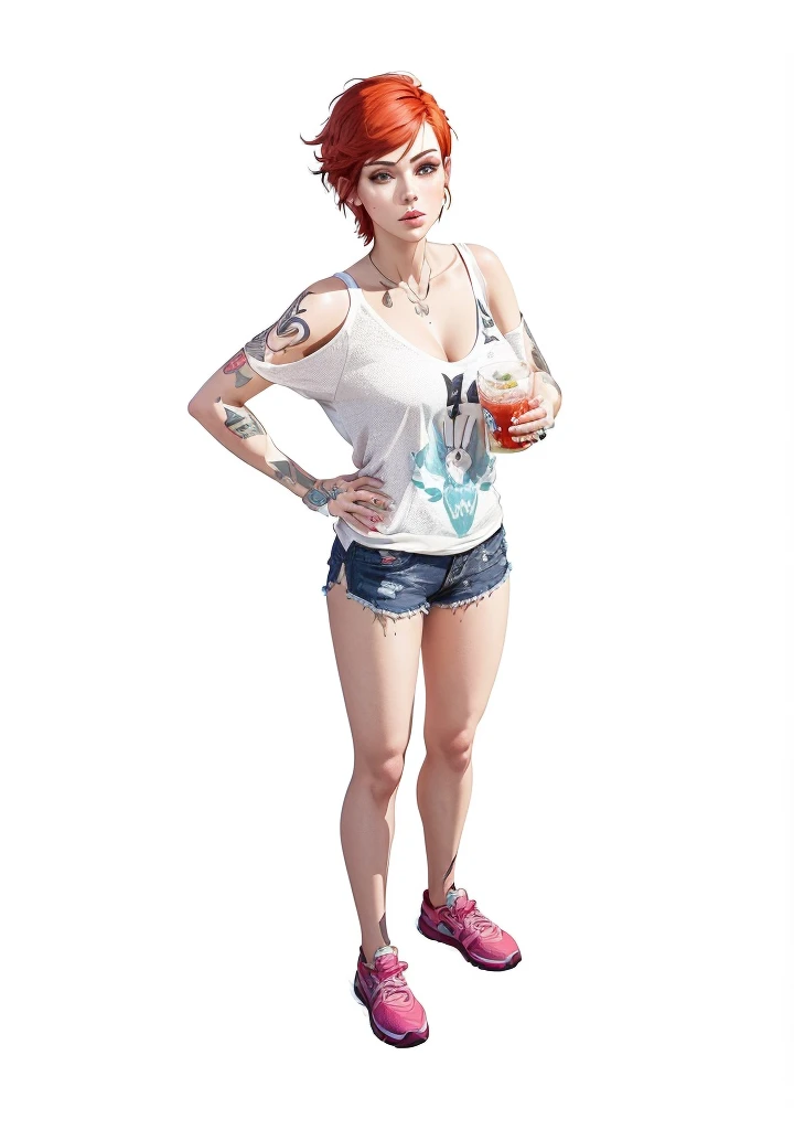 cartoon woman with red hair and tattoos holding a drink, full - length portrait of a short!, Full body illustration, full - length portrait, full - length portrait segurando garrafa, chloe price from life is strange, full - length portrait, soda themed girl, full-body character portrait, chloe price, character full - length portrait, detailed full - length portrait, full body female, full-body character portrait, detailed character sheet, from front view, lateral view, diagonal view, with a white turn background, show women, 30 years old, with short red hair combed turn back, Wear light and casual clothes, The seat includes different angles, Front etc..., turn back, and lateral views, Model sheets and reference sheets, fullbody painting. Proportions are based on 7.5 head scale.
