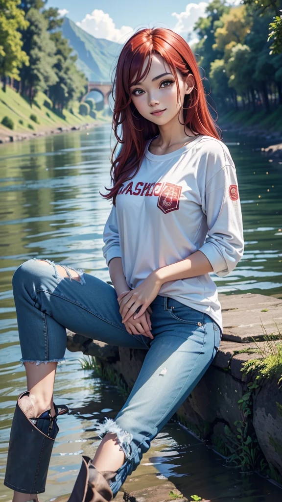 digital art, (girl, red_hair, flowers, baggy jeans, white shirt, discreet smile, cute look), (sitting on a bench, river in the background, golden hour),, by Daniil Suponitskiy jpegman