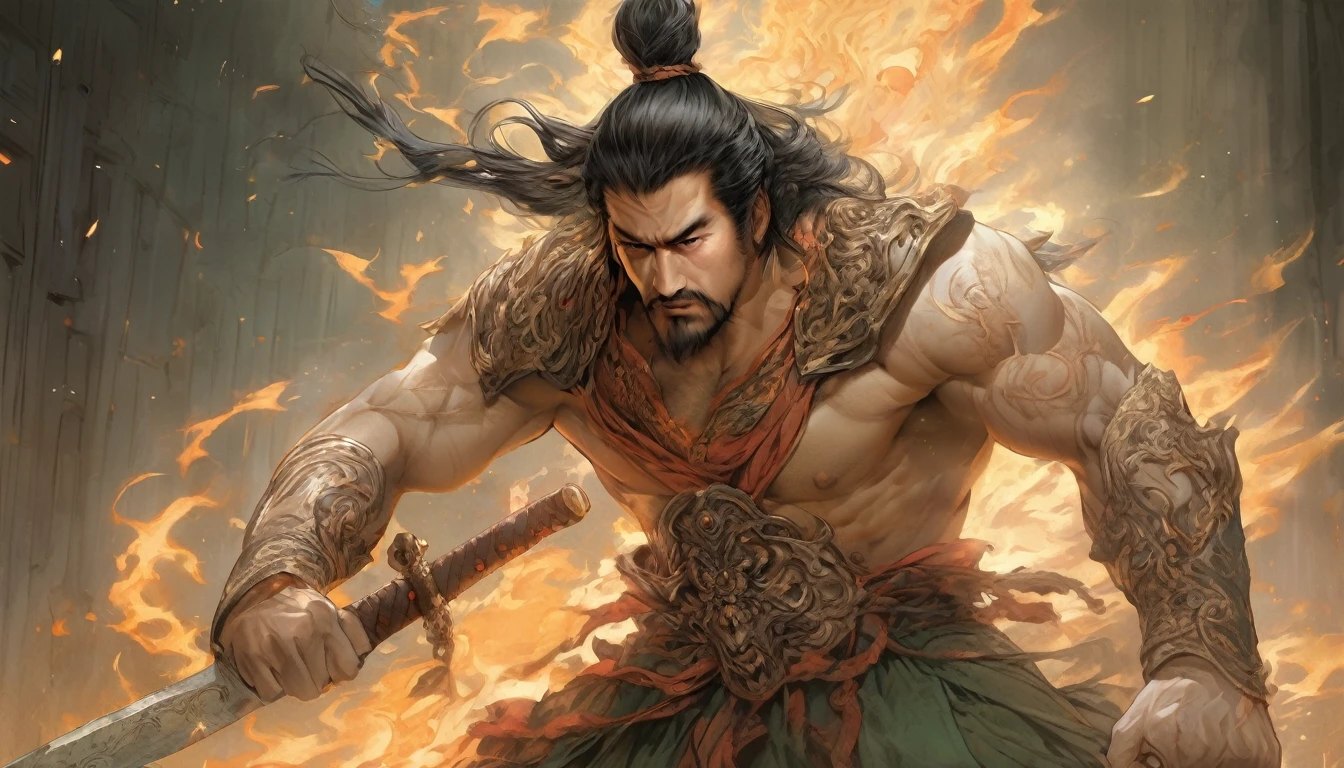 Line art drawing comic a perfect handsome male, Clear Face, Man in his 40s,muscle, Ancient Chinese armor,Topless, Black Hair, Long Beard, whole body, Fine grain, Detailed face,Perfect hand-crafted detail,Big Sword,Background is flames,anger,
cast (unfathomable,Bamboo Flooring,Fire Glass Panel Brownian Motion,Diagonal lines,Zenith angle,Dust storm,Superfluid,ball,oval ,Flowing magic:1.0)| Shogun, (Vibrant,Illuminate,Enthusiast,cycle,Emerald green,Chrome Yellow Arcanum,Dazzling,shine ,liquid crystal,Space dust,Teleport,The Magic of Dashed Lines:1.0) Purification spell, Trace the symbol on the parchment with a quill, Precisely craft a spell, Astral Sparkle, Simple Positive XLv1, Ultra-high resolution, wallpaper, 8K,Richly textured details, Elevation, A magnificent composition, . graphic illustration, Comic art, graphic novel art, Vibrant, Very detailed . Professional, Sophisticated, Modern, Minimalist, graphic, Line art, vector graphics