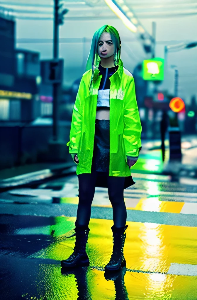 Cyberpunk girl in bright yellow raincoat, green hair, standing in rain, 'YOMI' text on jacket, hyper-realistic digital art, reflective wet ground, moody atmosphere, high contrast lighting