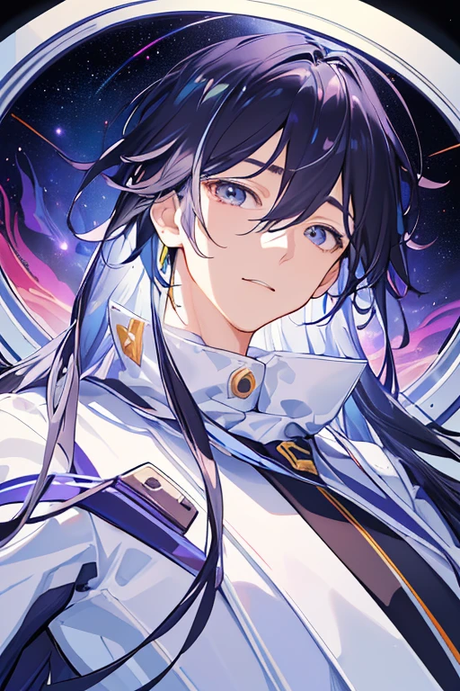 (masterpiece、最high quality、high quality)、((((dramatic)))、(((intense)))Young Man、Near future、universe、Near futureの衣装、Bright morning colors、universe服、Futuristic design clothes、、White clothes、Black Hair、Close up of face