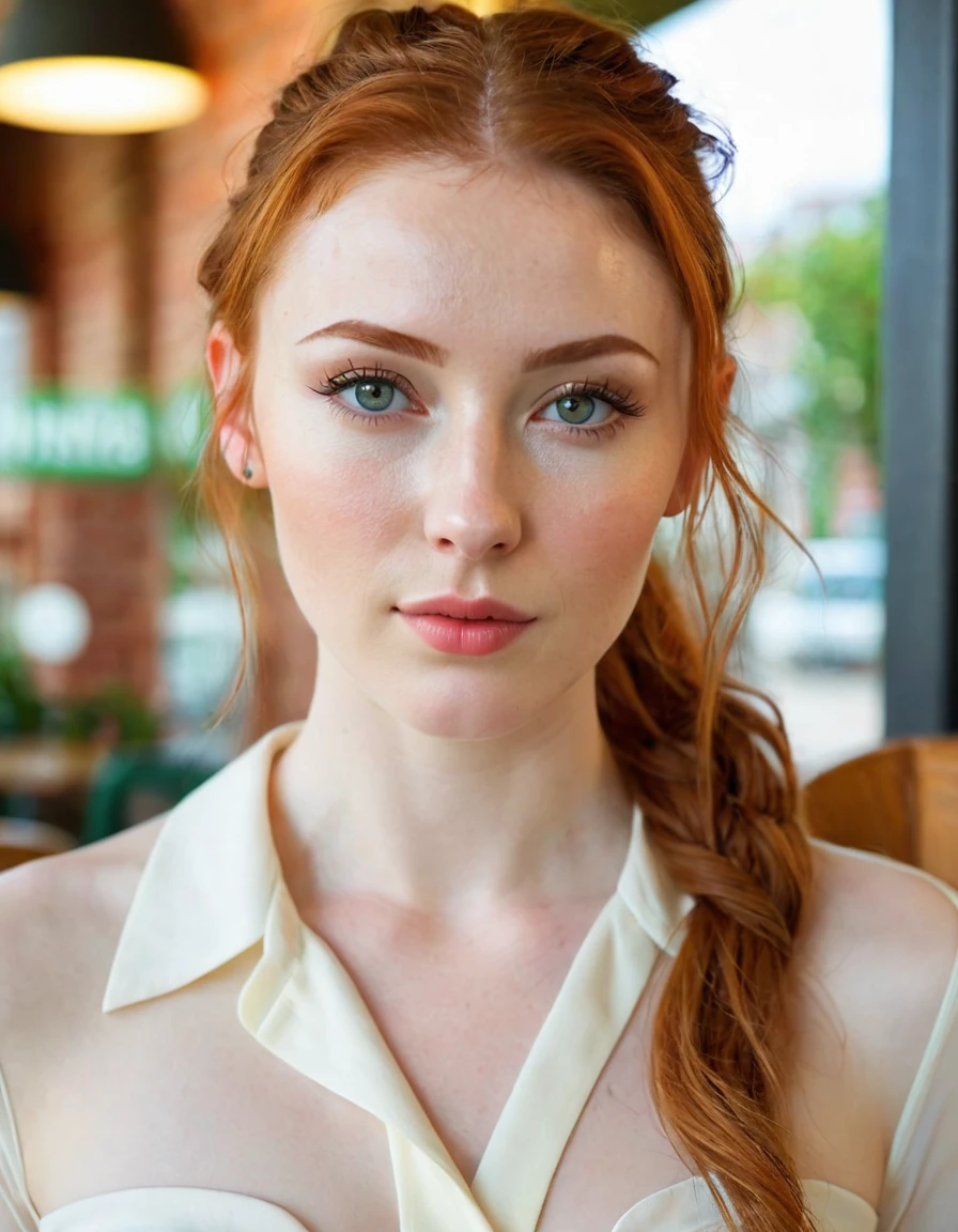Photography full body portrait of a very beautiful realistic girl,in the cafe, porcelain skin, very light skin, very pale skin, redhead, wavy, pony tail, Detail of skin structure, hazel eyes, Slit eyes, small-nose, small nostril, think of arched eyebrows, thick lower lip, seductive glance, happy face, unique face, Wear a casual dress, detailed photo, foto realista, Masterpiece Image, sharp image, clear daylight outside