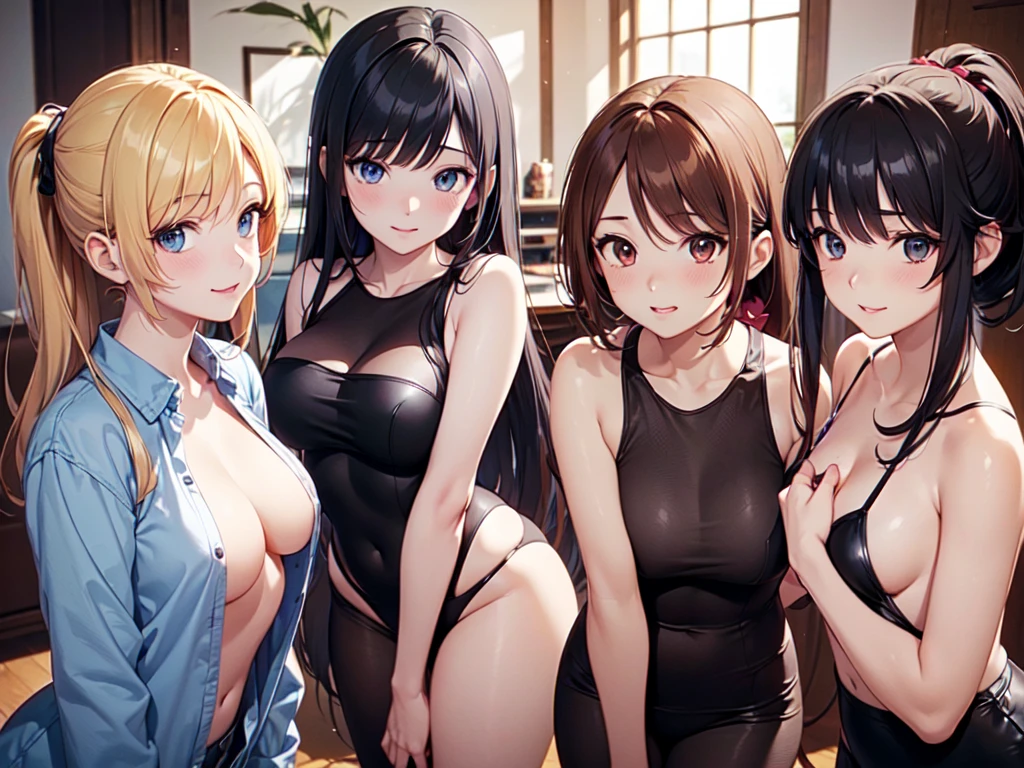 ((masterpiece, Highest quality, High resolution, 超High resolution, Pixel perfect, Written boundary depth, 4K, RTTX10.0, High resolution))), (4 adult women:1.3), Beautiful Anime Women, Beautiful art style, Anime characters, ((Long Hair, bangs, Dark brown hair, ponytail)), ((Beautiful eyelashes)), ((Detailed face, blushする:1.2)), ((Smooth texture, Realistic texture, Anime CG Style)), Perfect body, Slender body, Exact finger count、Exact number of legs、Exact number of arms, (blush:1), ((Four women standing side by side, Lifting one&#39;s skirt to greet guests.:1.5)), (((Stylish black and white maid clothes:1.2))), (Raise your skirt yourself:1), Realistic, Slender body, Highest quality, High resolution, 非常にDetailed face, Perfect lighting, Highly detailed CG, (Perfect hands, Perfect Anatomy), Embarrassed expression, (Luxurious Western-style mansion entrance, Welcome Back Husband:1.3), Morning sun-like lighting, whole body, ((Stylish and sexy white satin panties, White panties with black lace, garter belt, Knee socks:1.2)), (Exquisitely designed luxury panties for adults, パンティーのHigh resolution画像), Angle from the front, ((White lace short chest curtain,Underbust)), ((Bare Maid Uniform)),((underboob))