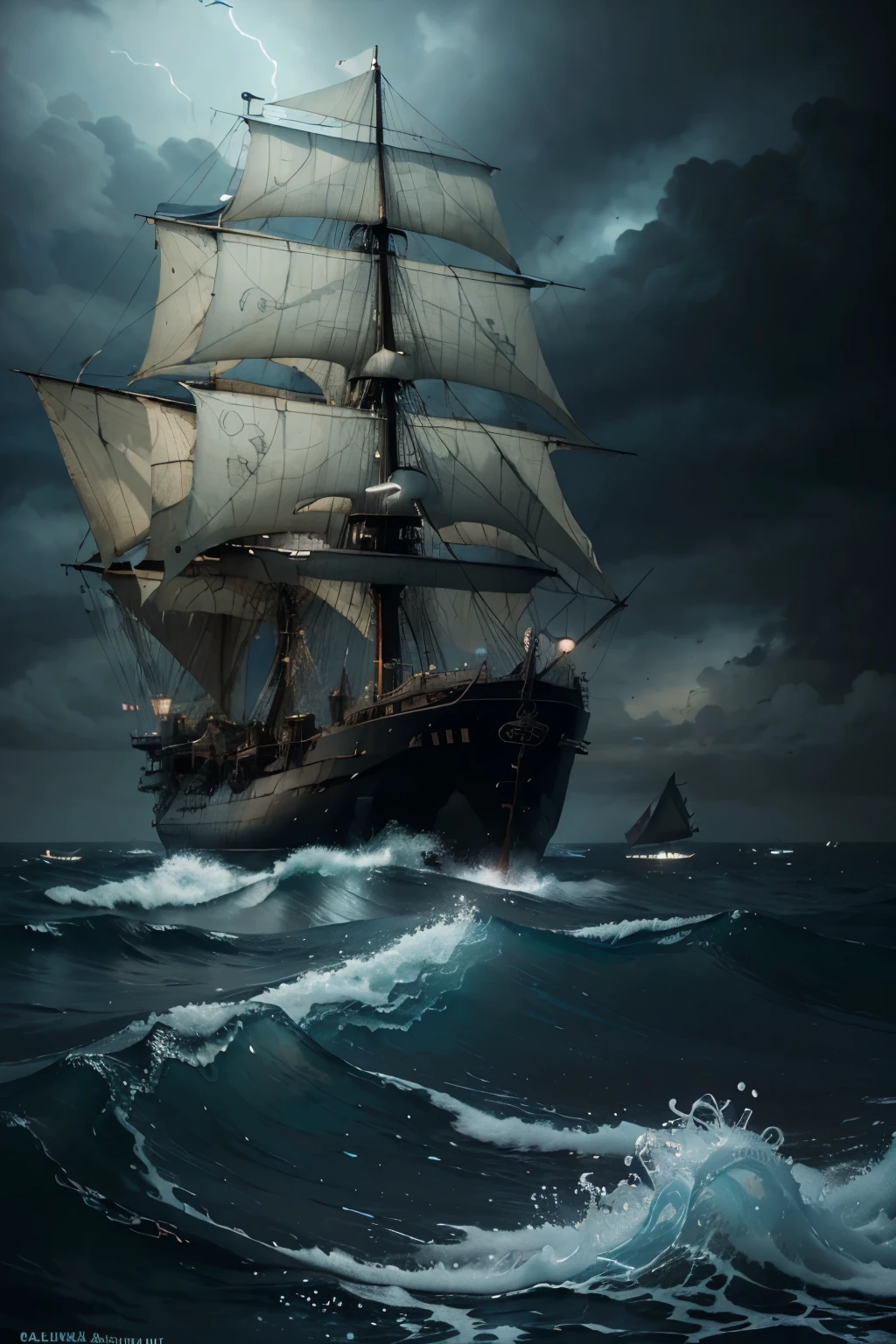 an octopus swimming in the ocean, a large ship with sails in the background, detailed sea creatures, dramatic stormy sky, moody ocean waves, bioluminescent glowing algae, realistic underwater lighting, hyper detailed texture, cinematic composition, highly detailed digital painting, muted color palette