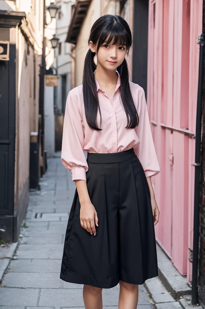 Pink blouse,Black culottes,15 years old,high school girl,Black Hair,bangs,Straight Hair,ponytail,Dark Eyes,Small Face,Clean eyes,Small Mouth,slender,Young face,Lori,Flat chest,Shopping Street,live-action,Realistic photos,8K,Ultra HD,Standing posture,whole body,Pouch,Happy face,
