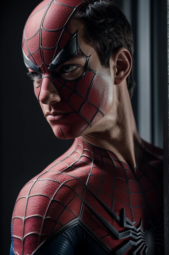 A photograph of Spider-Man., sin mascara, the 20s, elegant, detailed face, looking to the camera, portrait, 8k hd, high quality
