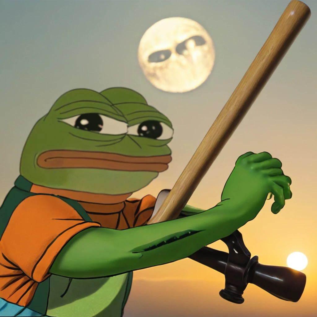 a close up of a (((pepe_frog))) holding a (((pepe_frog))) in a slinger and a sun in the background with a half moon in the sky behind