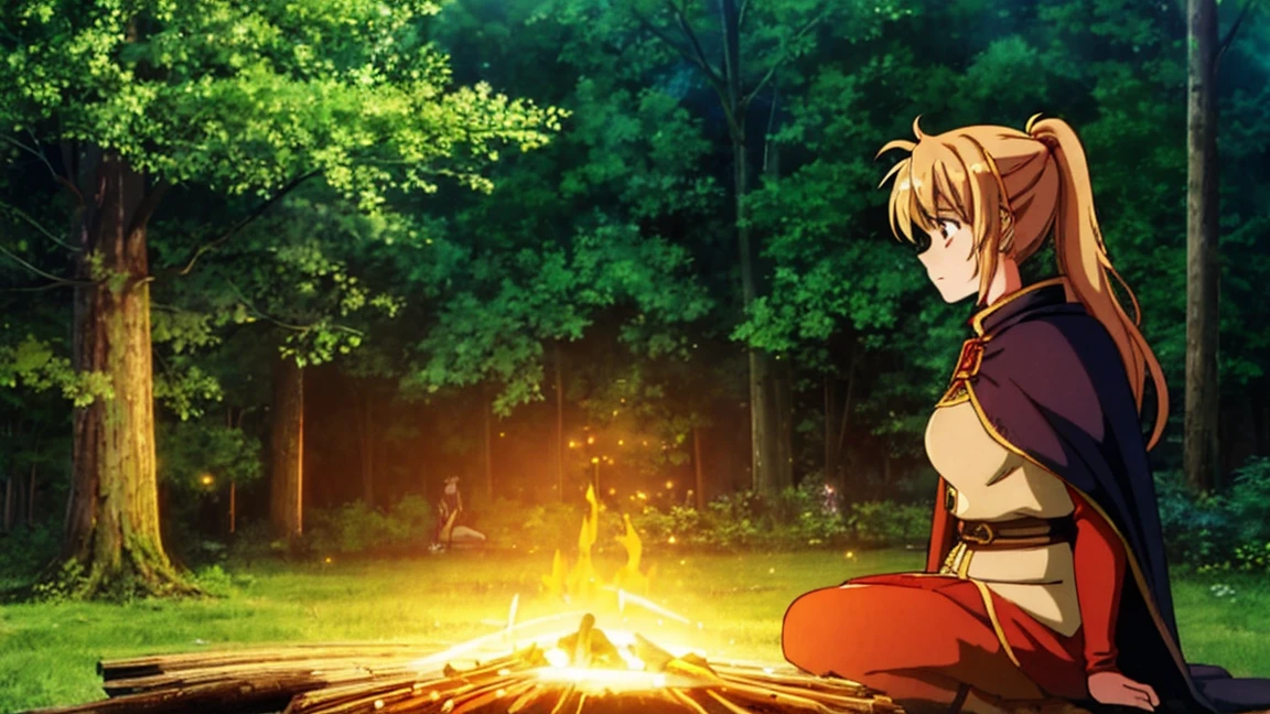 A human female adventurer camping outdoors in a fantasy game world, illustrated in a Japanese anime style. She is sitting on a log near a campfire, with her long, flowing hair tied back in a ponytail. She is dressed in detailed medieval-style adventurer clothing with leather armor, a cape, and boots. Her large, expressive eyes are highlighted by the warm, flickering campfire light, and she has a thoughtful expression as she gazes into the fire. The background features a dense, enchanted forest under a starry night sky. The scene is detailed with vibrant colors and a focus on anime aesthetics. 1920x1080 resolution.